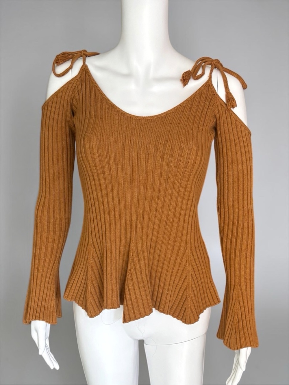 LPA Revolve Top 223 Arnold Palmer Tassel Tie Cold Shoulder Ribbed Bell Sleeve XS